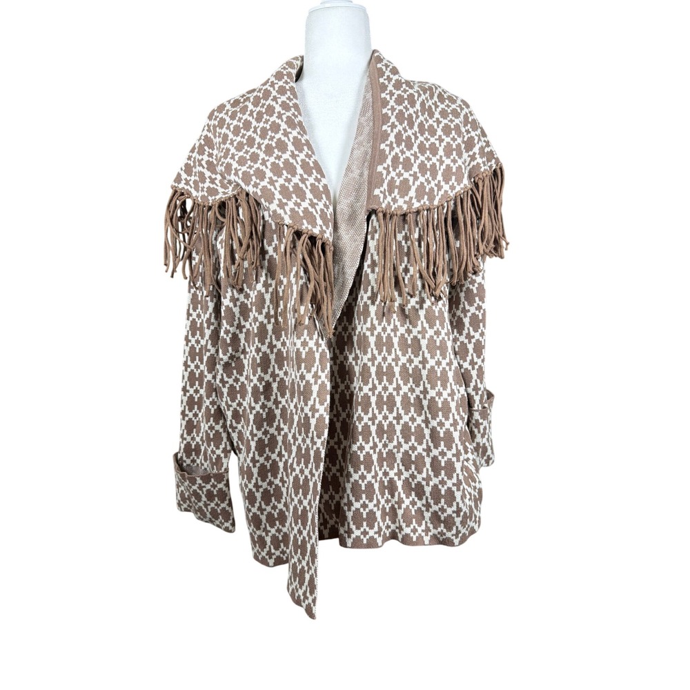 Grey by Jason Sebastian Grey Cardigan Women M Tan Geometric Fringe Open Front